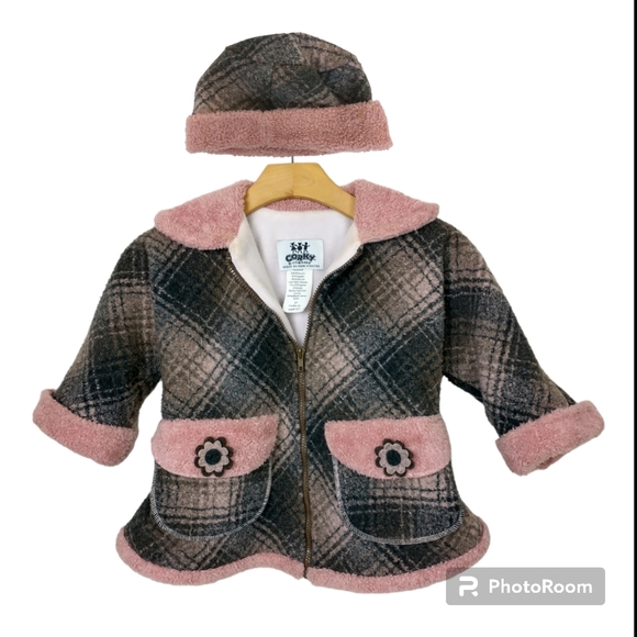 Vintage Corky Company Fleece Jacket Hat 3T Pink Plaid Floral Coat Pckt USA 1990s - Picture 14 of 14